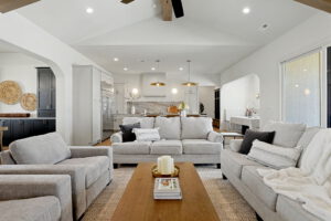 View from living area with dining area and kitchen