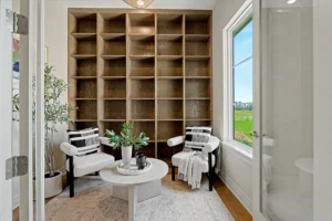 Office area with built-in bookshelf