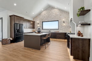 Kitchen with panoramic window overlooking the backyard