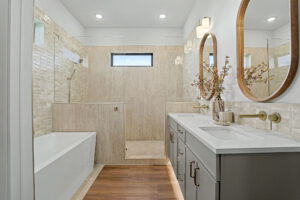 Master bathroom with freestanding tub and walk-in shower
