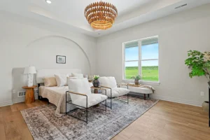 Master bedroom with custom light fixture