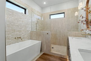 Master bathroom with freestanding tub and walk-in shower