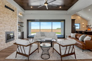 Living area with stone gas fireplace