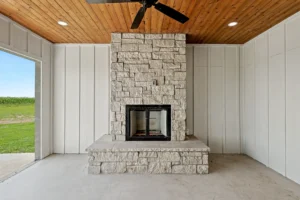 Exterior fireplace on patio