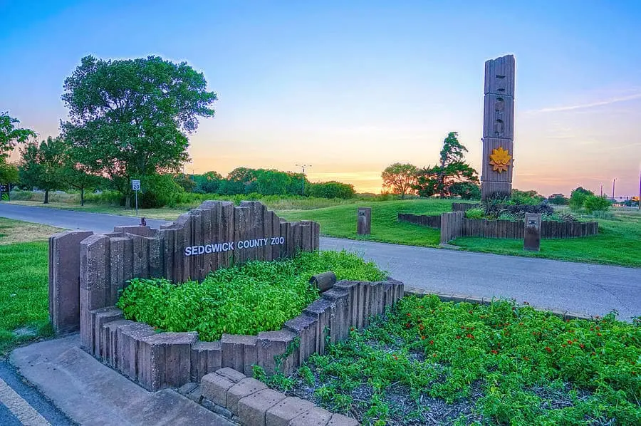 Sunset over the entrance of the Sedgwick County Zoo.