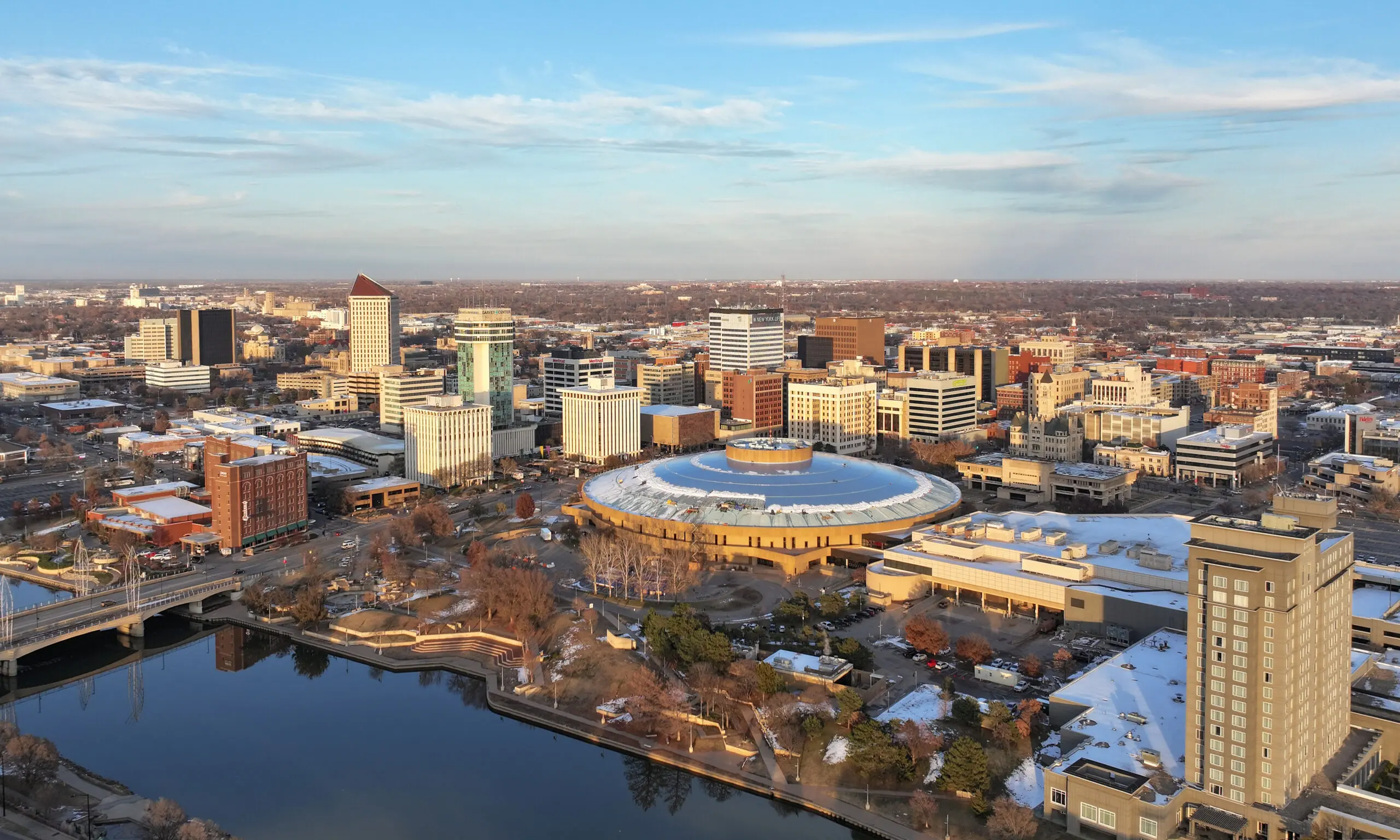 Aerial view of downtown Wichita and Century II.